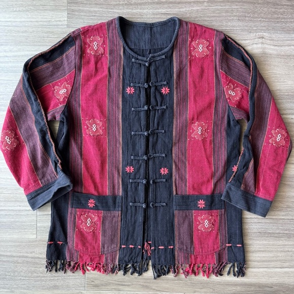 Vintage Black Red Embroidered Fringe Button Jacket - Picture 2 of 7